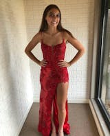 Mermaid Spaghetti Straps Red Long Prom Dresses Thigh Split Beaded Evening Dresses MLK044