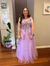 Chic A-line Off Shoulder Lilac Long Prom Dresses Floral Applique Prom Dress Evening Gowns POL017