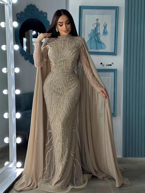 Modest Muslim Sage Green Evening Dress with Cape Long Sleeves LA72413A