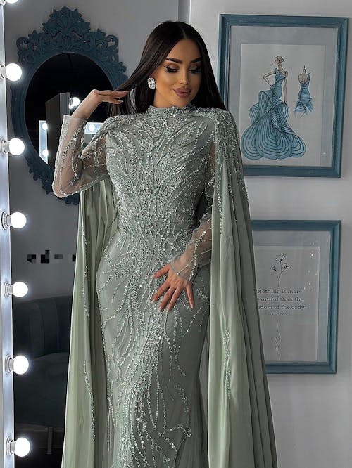 Modest Muslim Sage Green Evening Dress with Cape Long Sleeves LA72413A