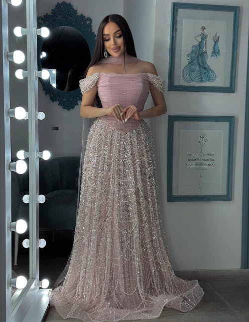 Luxury Arabic Pink Pearls Beaded Evening Dress With Cape LA72922