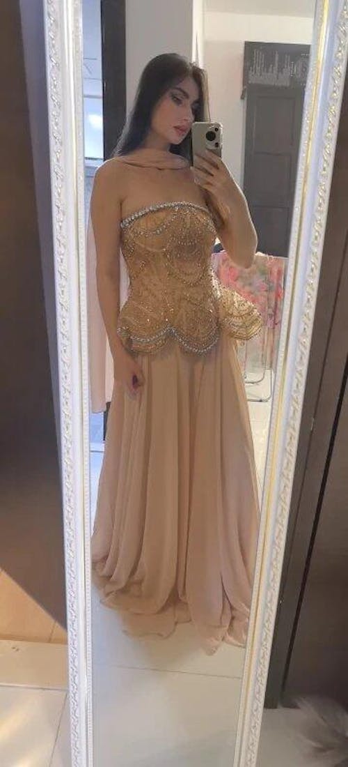 Luxury Designer Nude Beaded Chiffon Evening Dress LA72915