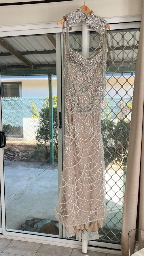 Luxury  Dubai Nude Beaded Evening Dress with Tassel Short Cape LA72876