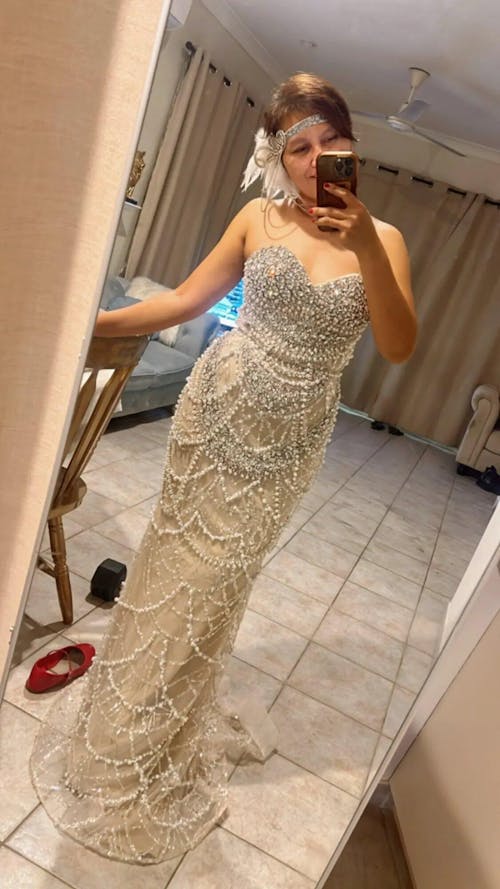 Luxury  Dubai Nude Beaded Evening Dress with Tassel Short Cape LA72876