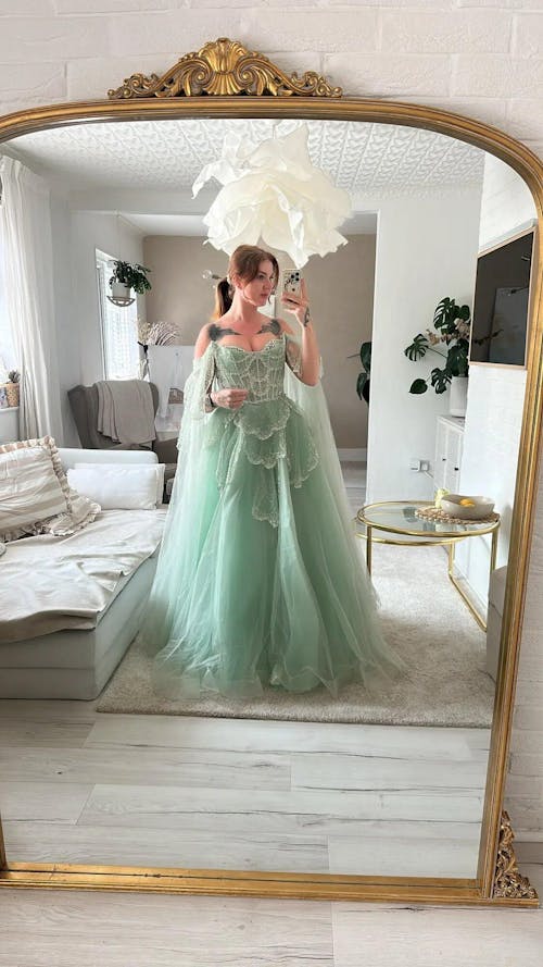 Luxury Arabic Sage Green Beaded A-Line Evening Dress with Cape LA72605A