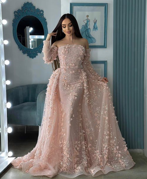 Pink Beaded Mermaid Evening Gown with Overskirt and Appliques LA72641