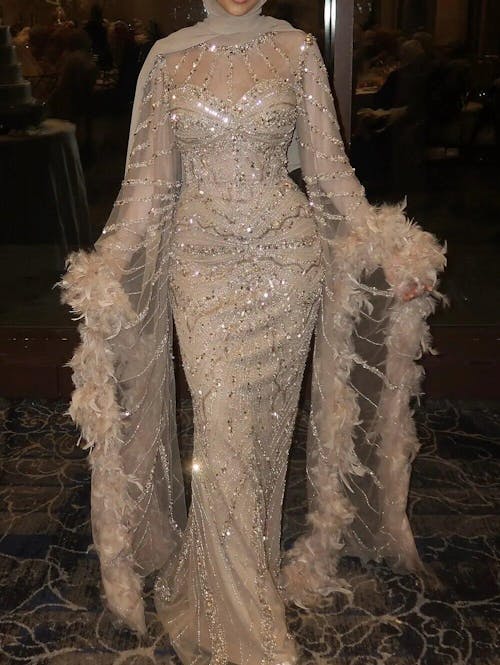 Luxury Modest Caramel Feather  Long Cape  Sleeves Mermaid Evening Dress LA72708A