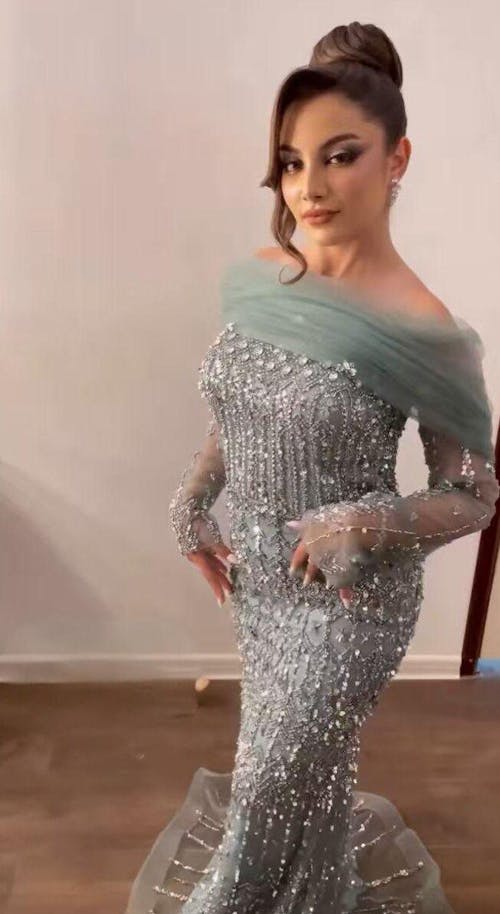 Luxury Dubai White Mermaid Beaded Evening Dress with  Cape Sleeves LA72714