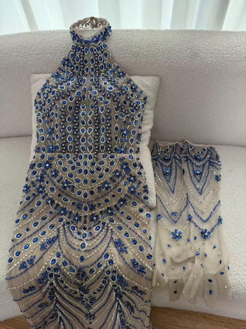 Luxury Kosovo Blue Evening Dress With Gloves LA72760C