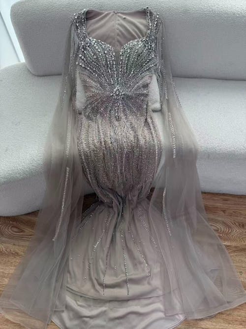 Luxury Caramel Beaded Evening Dress With Cape LA72992A