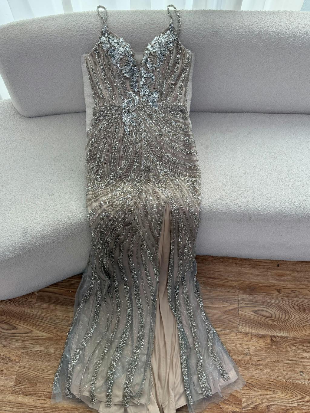 Luxury Nude Beaded High Slit Mermaid Evening Dress LA73340