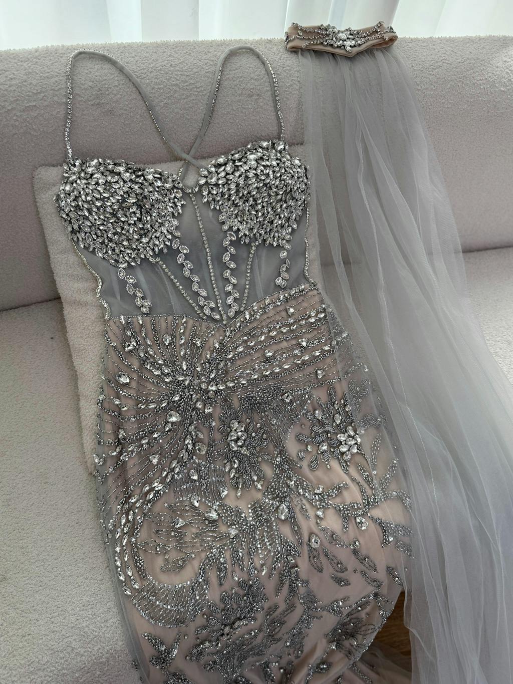 Luxury Evening Dress Grey Beaded With Cape Prom Gown LA73342