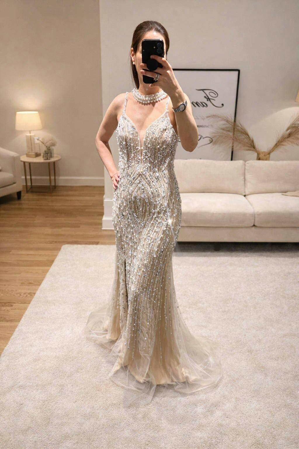 Classy Silver Nude Mermaid Spaghetti Straps Beaded Prom Dress LA72047B
