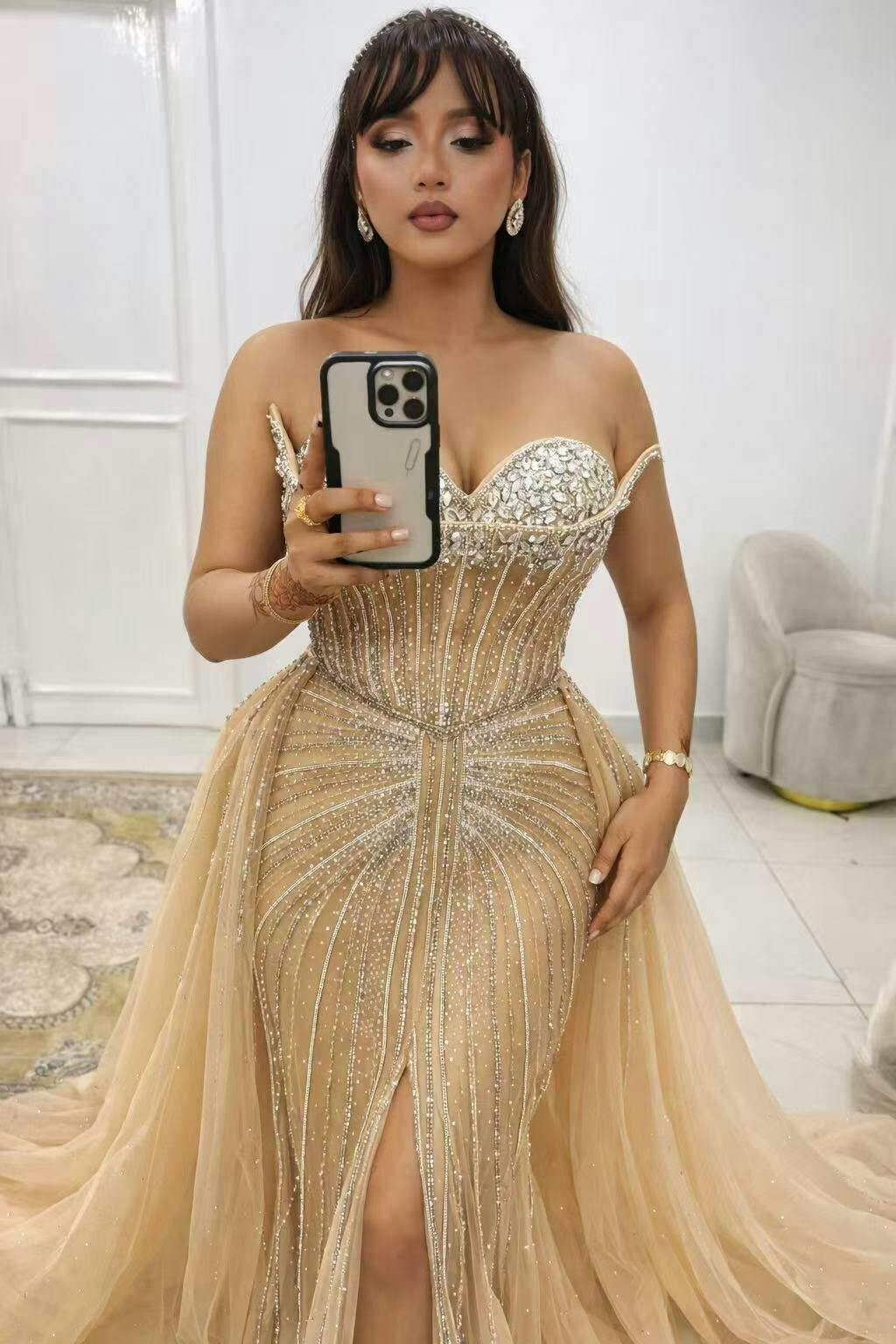 Luxury Dubai Nude Beaded Mermaid Evening Dress with Overskirt LA72811