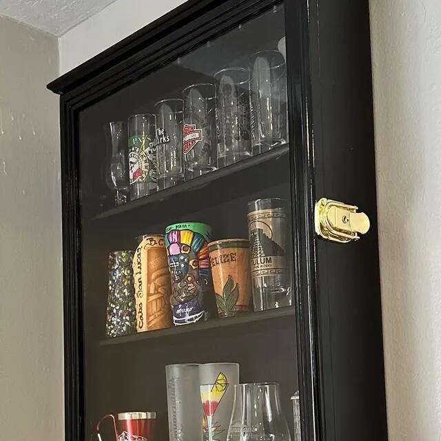 Mini Liquor Bottle shops / Tall Shot Glass, Shooter Display Case Cabinet Kitchen Wall Mount Soda Cans Shelf Rack w/ 98% UV Protection - Lockable