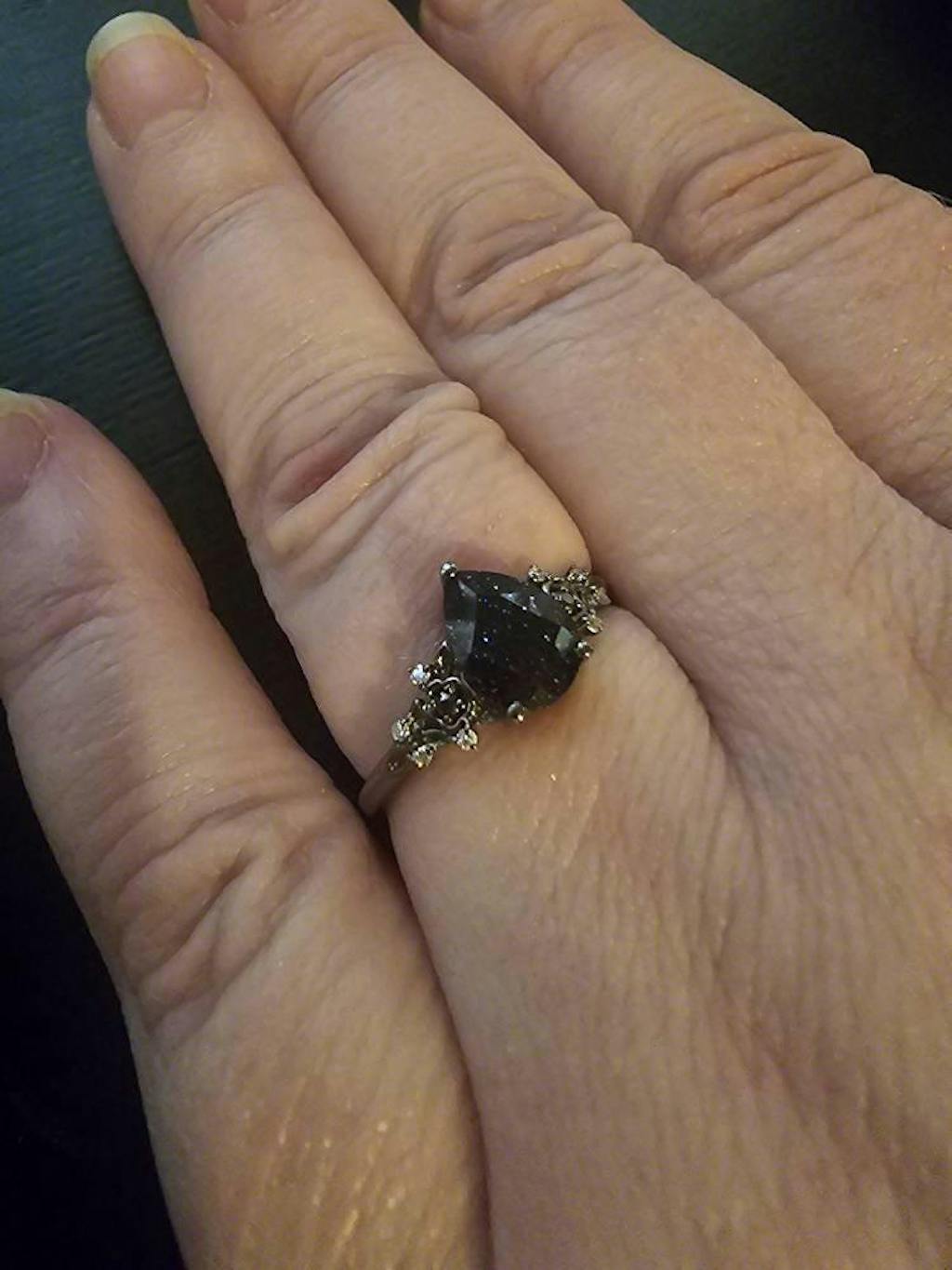 Pear Shape Blue Sandstone Floral Engagement Ring Set, Unique Black Gold Starry Galaxy Blue Sandstone Promise Ring,  Gothic Flower Ring Gift