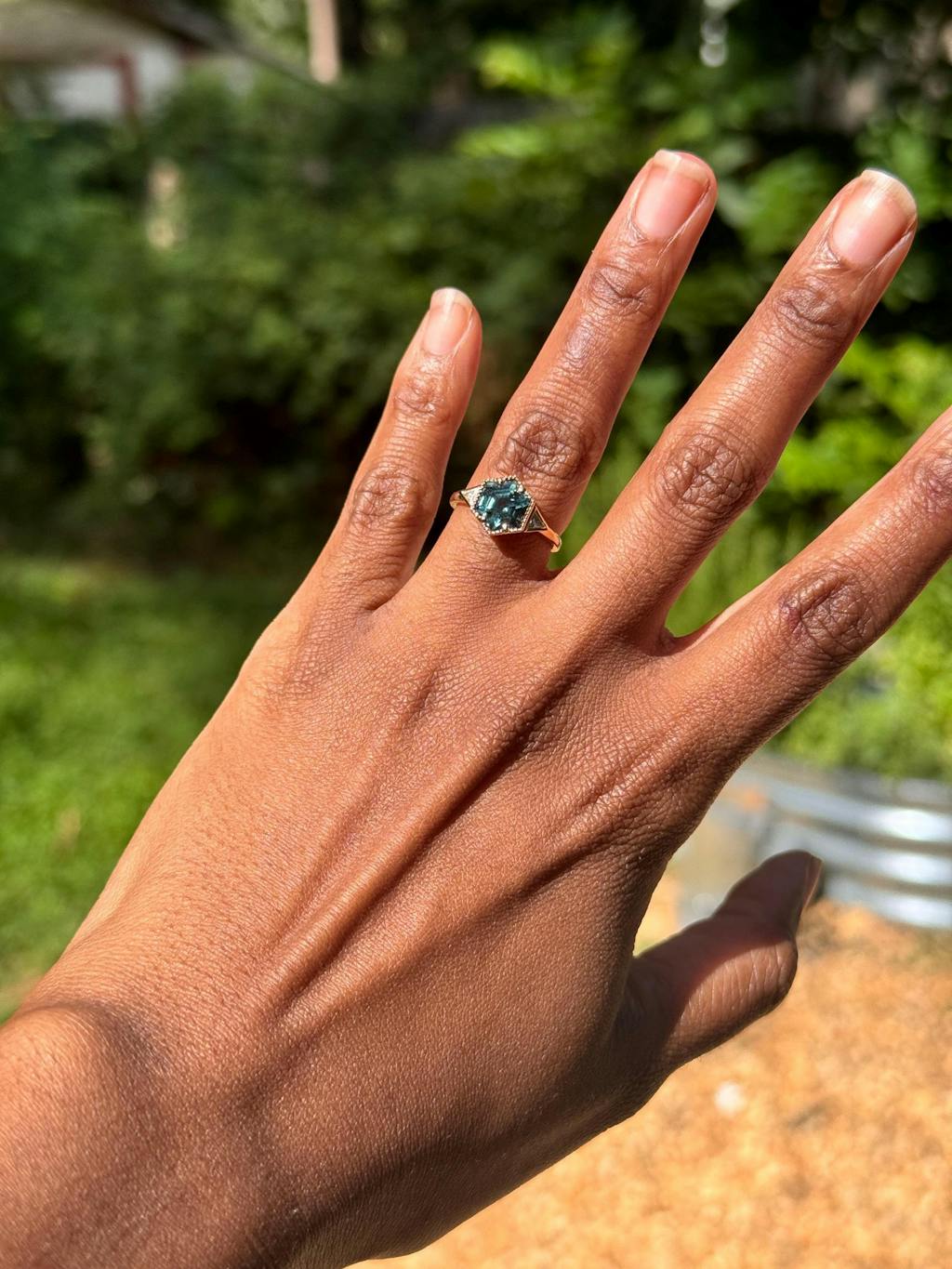 Hexagon Cut Teal Sapphire Engagement Ring Vintage Half Bezel Green Sapphire Promise Ring 14K Yellow Gold Three Stones Promise Ring Gift