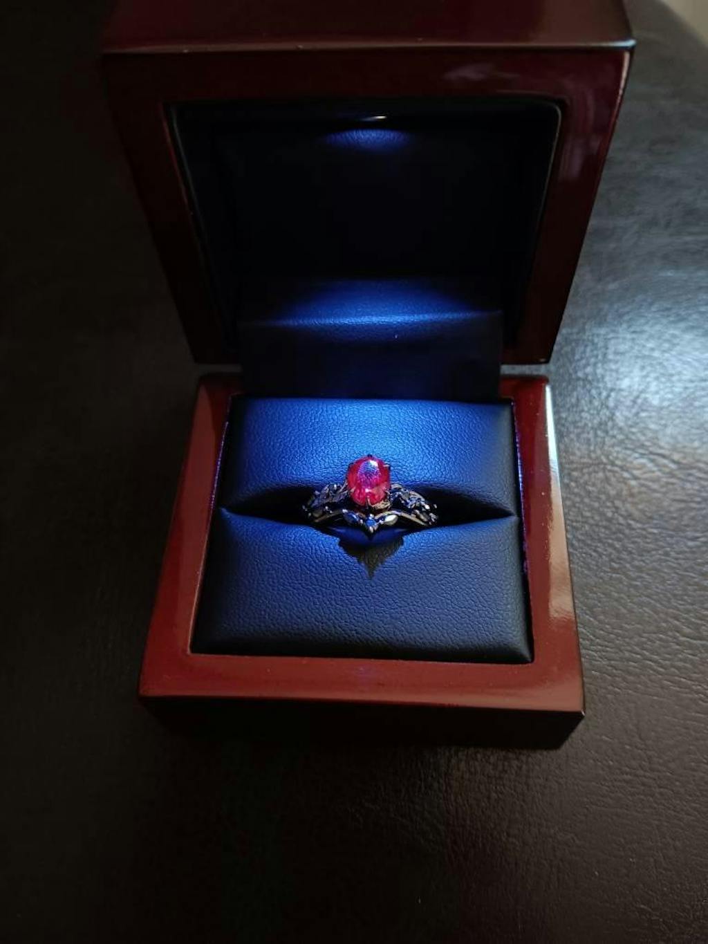 Gothic Oval Shape Ruby Leaf Engagement Ring Set, Black Gold Ruby Promise Ring Set, Nature Inspired Rhodium Black Twig Branch Bridal Set