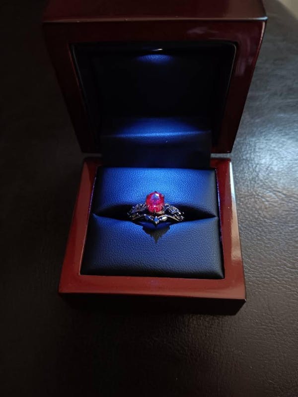 Gothic Oval Shape Ruby Leaf Engagement Ring Set, Black Gold Ruby Promise Ring Set, Nature Inspired Rhodium Black Twig Branch Bridal Set