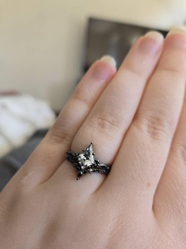 Black Gold Kite Cut Gray Moissanite Engagement Ring Set, Witchy Black Promise Ring, Black Wedding Ring Set, Goth Black Bridal Set for Women