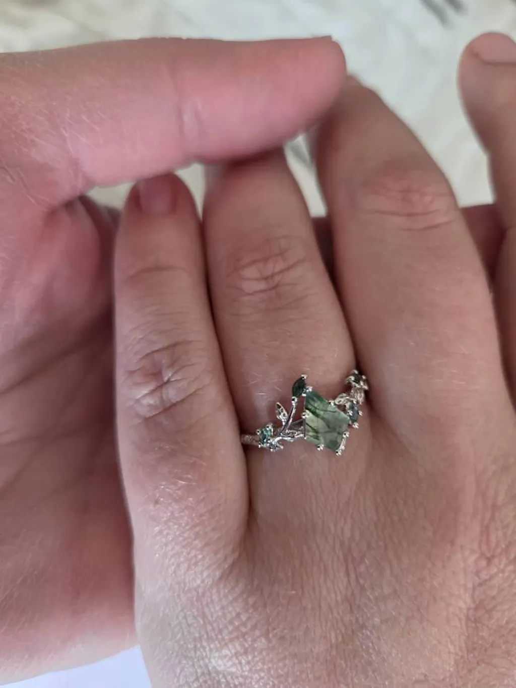 Platinum Kite Cut Moss Agate Leaf Engagement Ring Set, 14K White Gold Twig Branch Promise Wedding Ring, Silver 925 Vine Bridal Set For Women