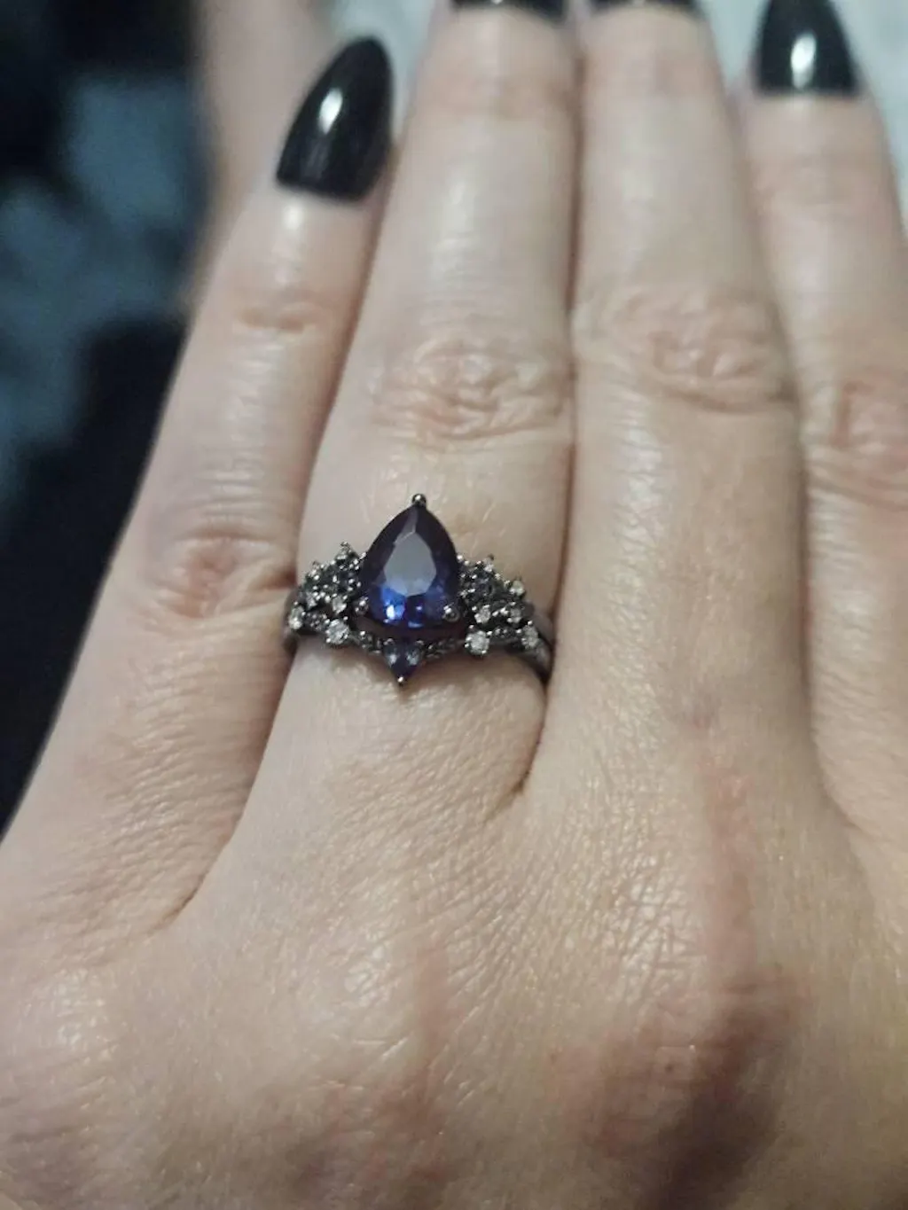Gothic Black Gold Pear Cut Alexandrite Engagement Ring Set, Black Floral Promise Ring Unique Black Rhodium Wedding Ring Bridal Set for Women