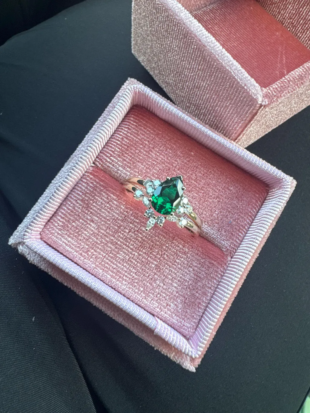 Vintage Pear Cut Emerald Engagement Ring Set, Unique Silver Wedding Ring Art Deco White Gold Bridal Set, May Birthstone Promise Ring for Her