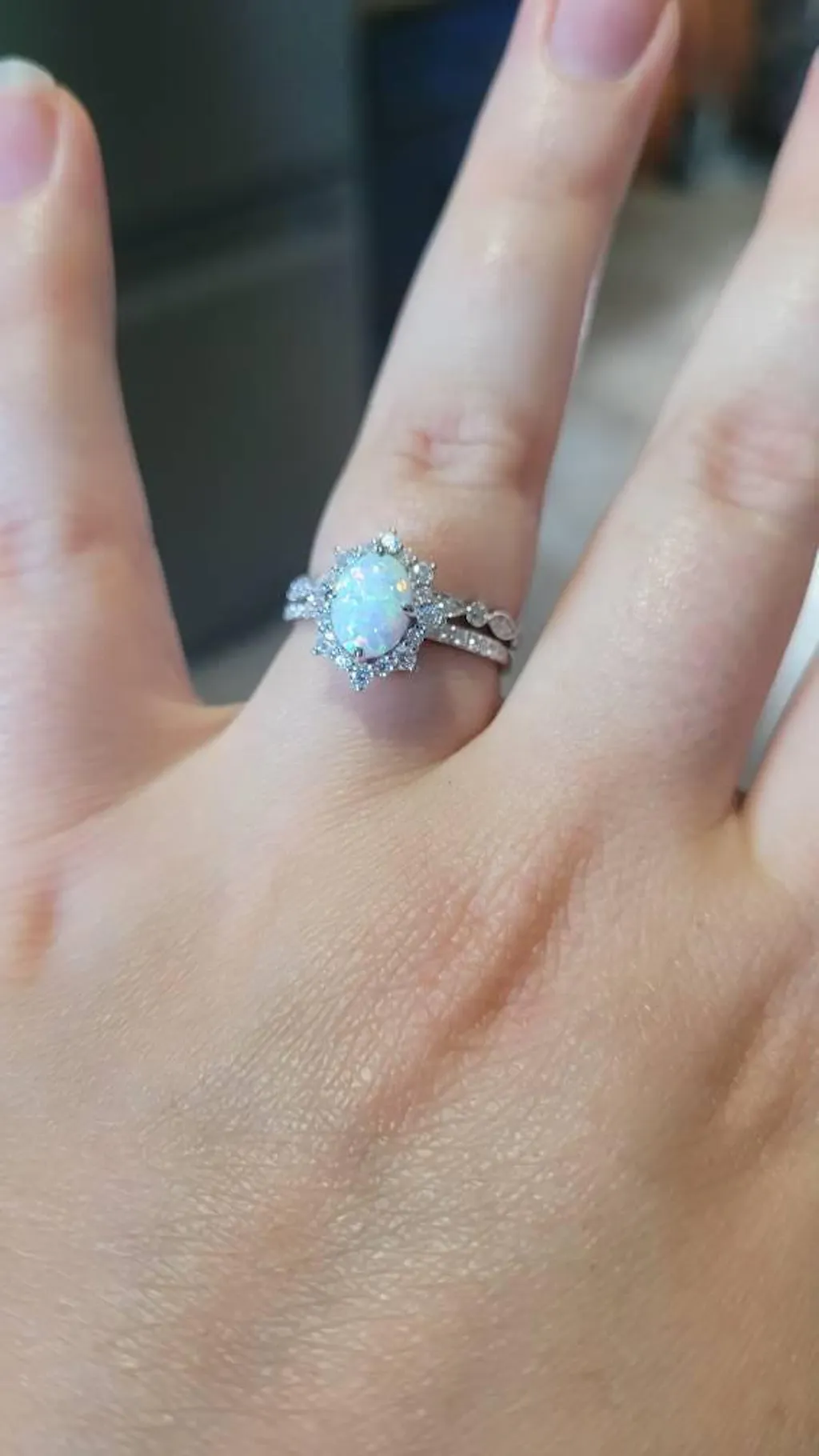 White Fire Opal and Diamond Engagement Ring Set Unique Oval Cut Opal Rose Gold Halo Promise Ring Bridal Set Anniversary Ring Gift for Women