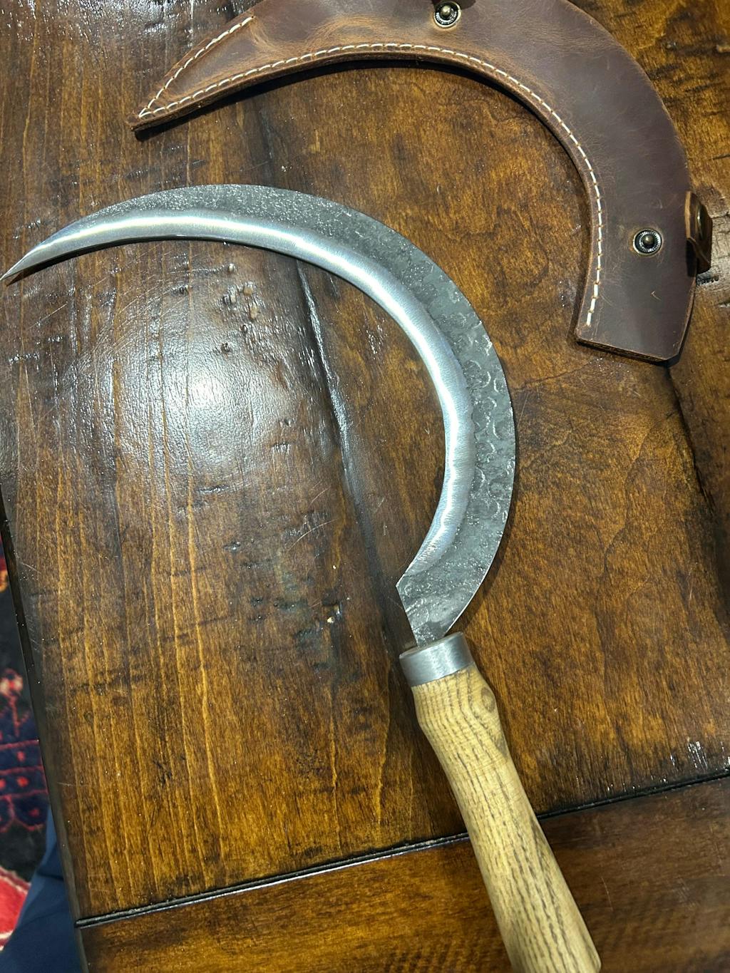 Hand-Forged Large Sickle, ⌀19 cm (7.5 inches) Blade, Leather Belt Attachment
