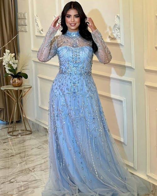 Luxury Blue Long Sleeves High Neck Evening Dress SS587
