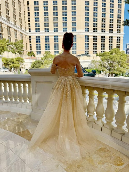 Luxury Gold Off Shoulder Evening Dress with Detachable Overskirt SS170