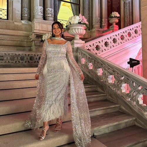 Luxury Gray Feather Straight Evening Dress with Cape Sleeves SS279