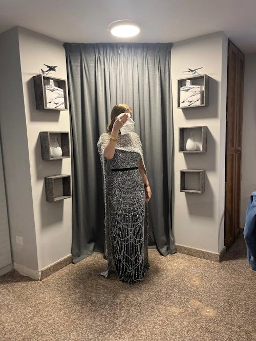 Luxury Pearls Champagne Evening Dress with Cape SS369