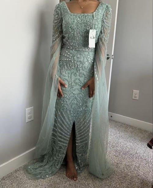 Luxury Turquoise Beaded Mermaid Evening Dress with Cape Sleeves SS469