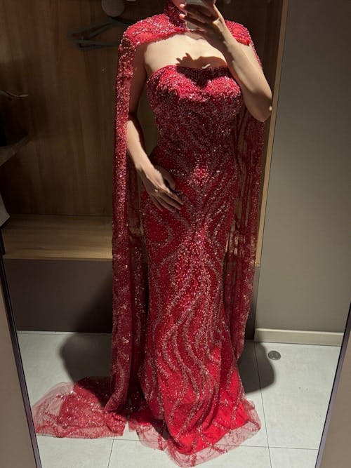 Luxury Beaded Red Mermaid Evening Dress with Cape Sleeves SS663