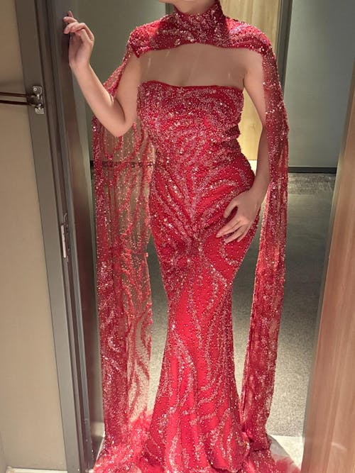 Luxury Beaded Red Mermaid Evening Dress with Cape Sleeves SS663