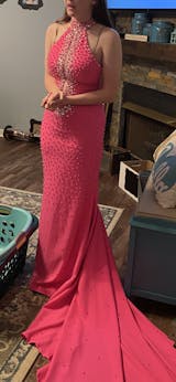 Halter Neckline Rhinestones Front Opening Party Dress Hot Pink Mermaid –  SheerGirl