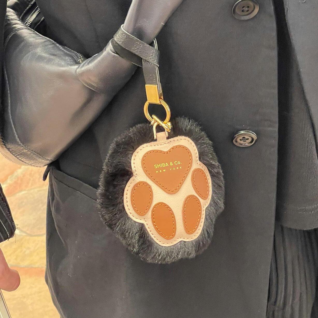 Fluffy Dog Paw Bag Charm - Italian Leather with Faux Fur - Cream
