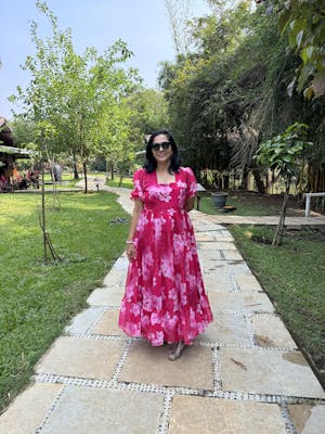 Hot Pink Flower Printed Organza Partywear Dress