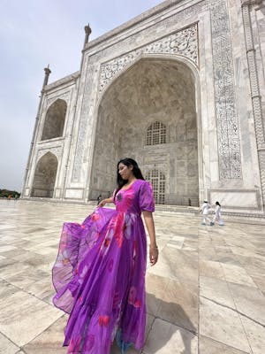 Purple Floral Printed Organza Partywear Maxi Dress