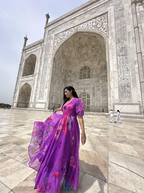 Purple Floral Printed Organza Partywear Maxi Dress