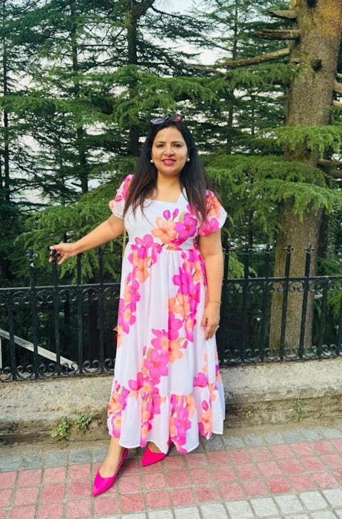 White And Pink Flower Printed Georgette Partywear Dress