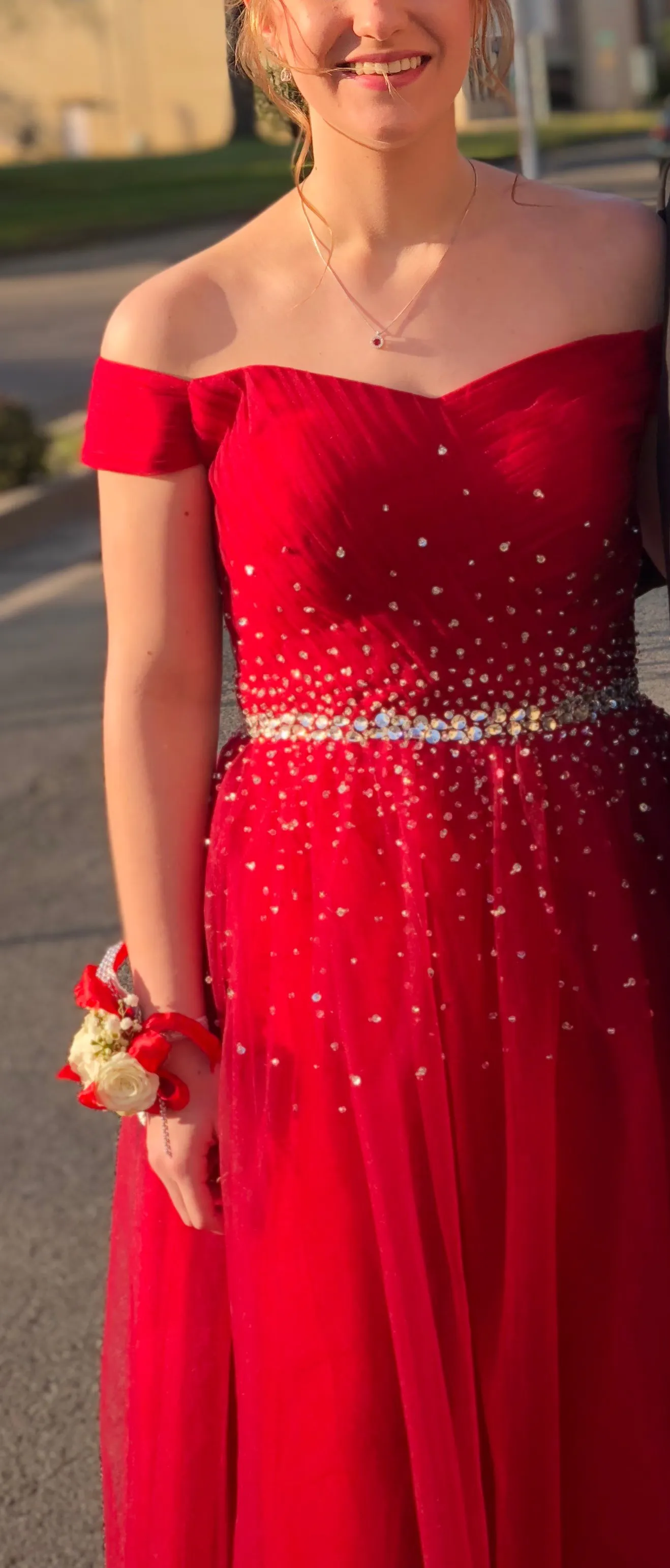 Burgundy A-line Off Shoulder Tulle Shiny Long Prom Dress,DP1567 main image 0
