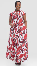 Vivo Zola V Neck Maxi Dress in Crepe - White / Red Kai Print