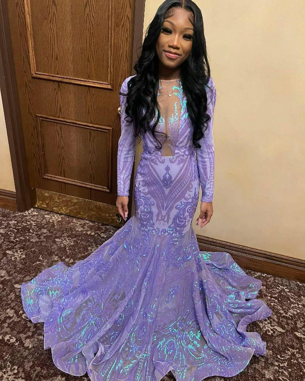 Lavender V Neck Ruffles Long Prom Dress Appliques Mermaid With Long Sleeves main image 0