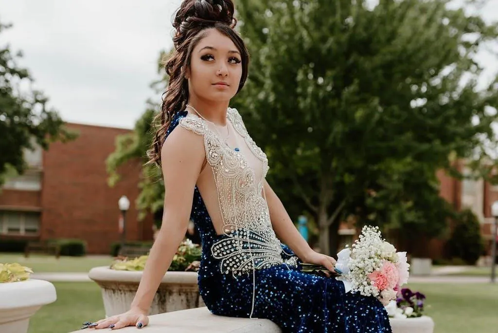 Royal Blue Long Sleeve Mermaid Prom Dress with Beading
