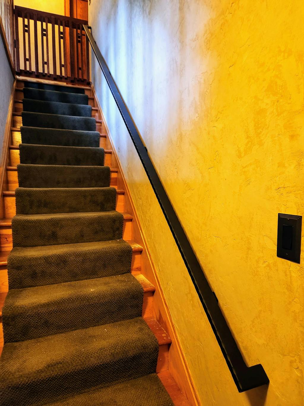 Modern Wrought Iron Handrail - 2'' x 1'' Hammered, Custom Made, with Right-Angled Elbow and Flat Black Finish