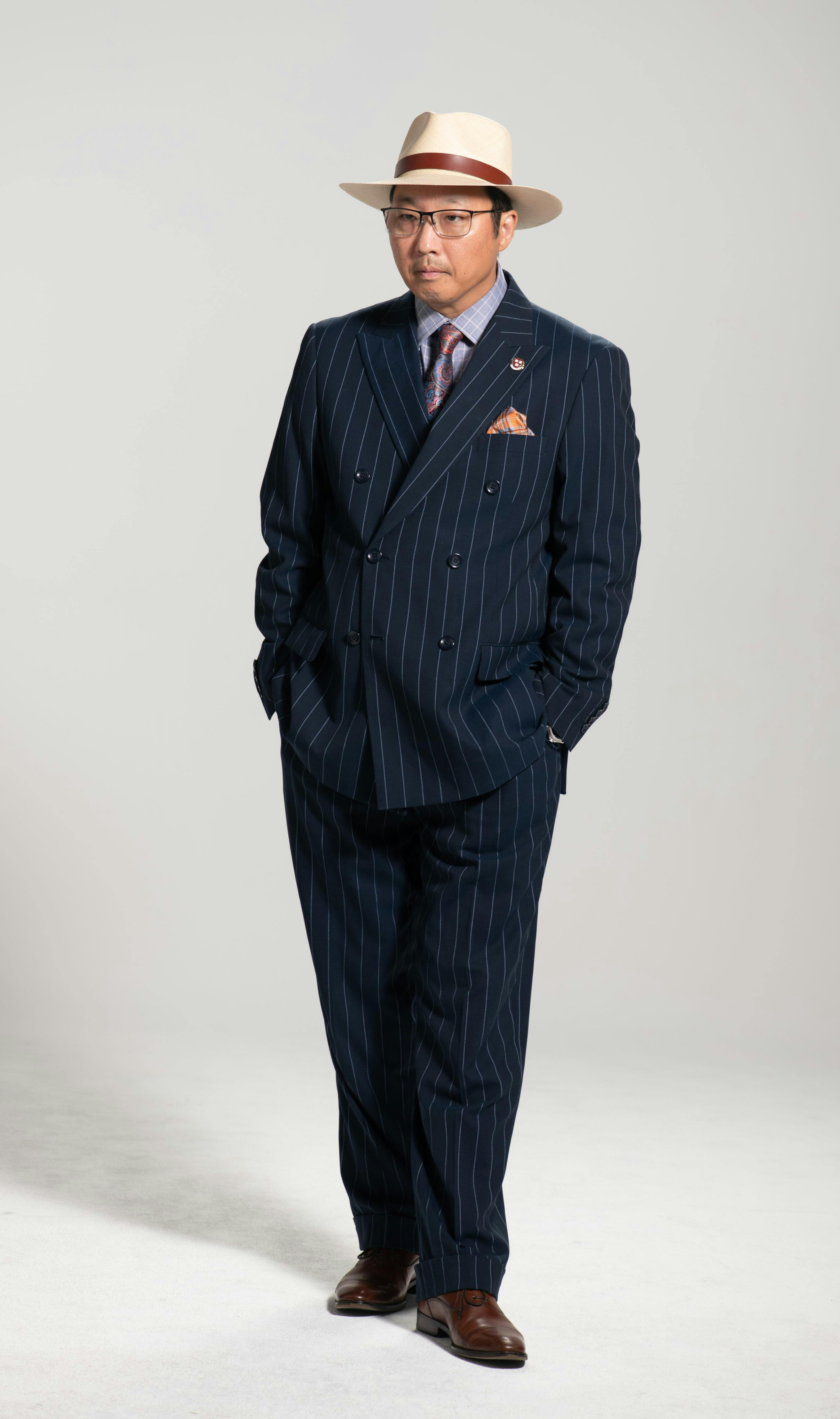 Mens Double Breasted 1920s Wide Bold Gangster Pinstripe Suit In Navy Signaturemenswear 4058