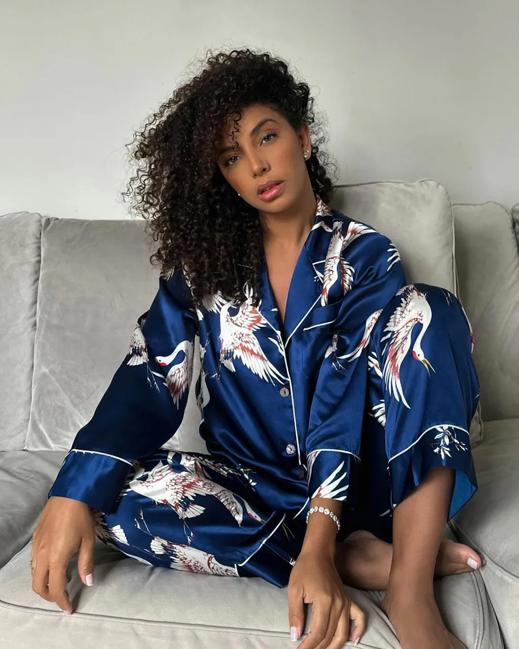 19Momme Women's Pure Silk Crane Print Short Sleeve Pajamas Set