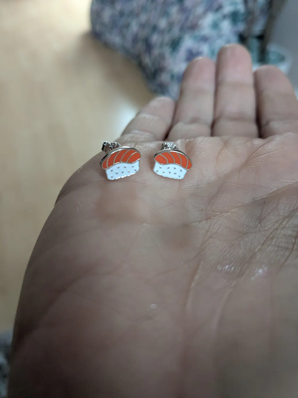 Salmon Sushi Stud Earrings in Sterling Silver - Silver or Gold Finish - Enamel Food Jewellery, Salmon Earrings, Japanese Food Earrings